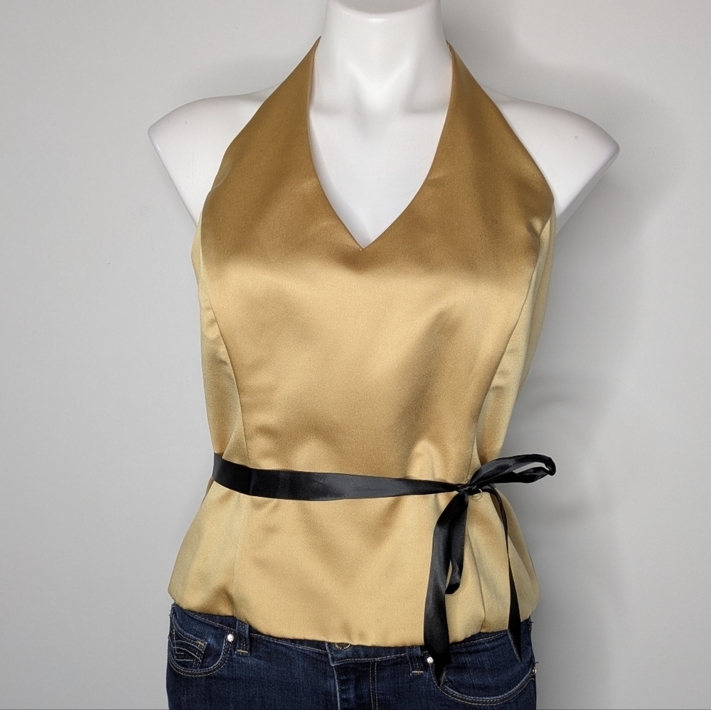 ✨3/$15 Xscape Tan Satin Halter Neck Black Tie Waist Evening Event Top 10
